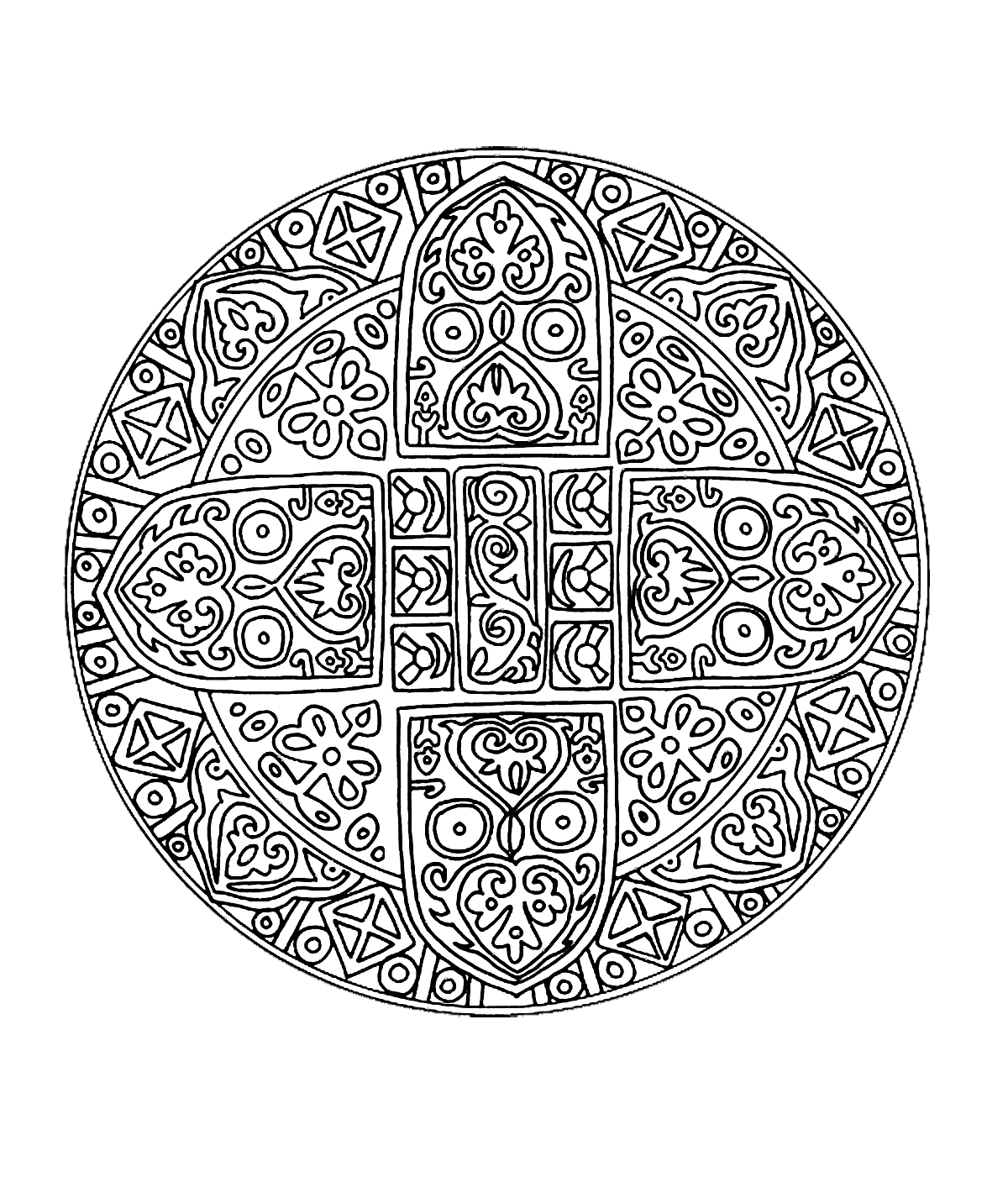 Joli mandala avec spirale donnant une impression de graphisme avec une très jolie fleur qui prend l'intégralité du dessin. Assez compliqué à colorier.